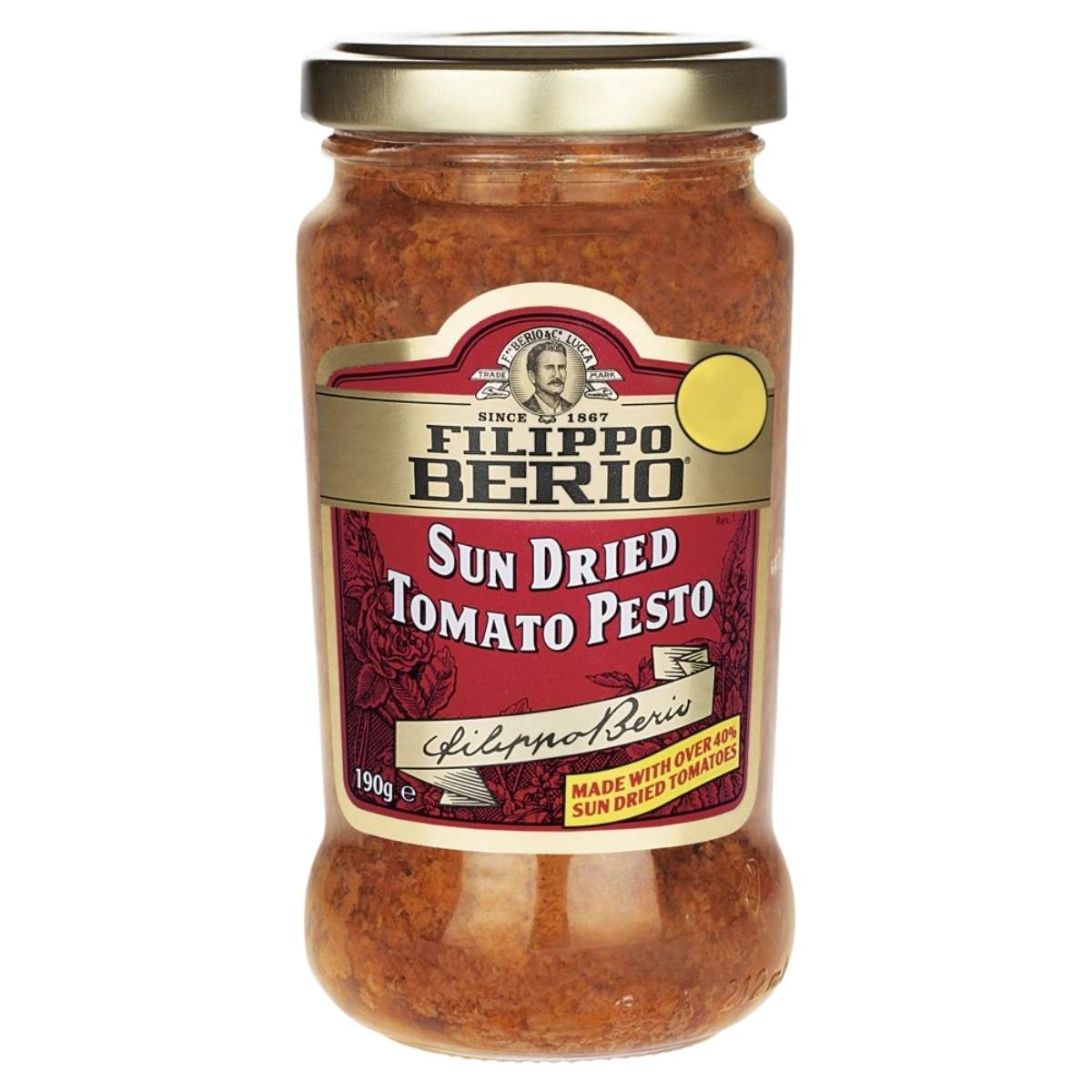 Jar of Filippo Berio Sun Dried Tomato Pesto on a white background