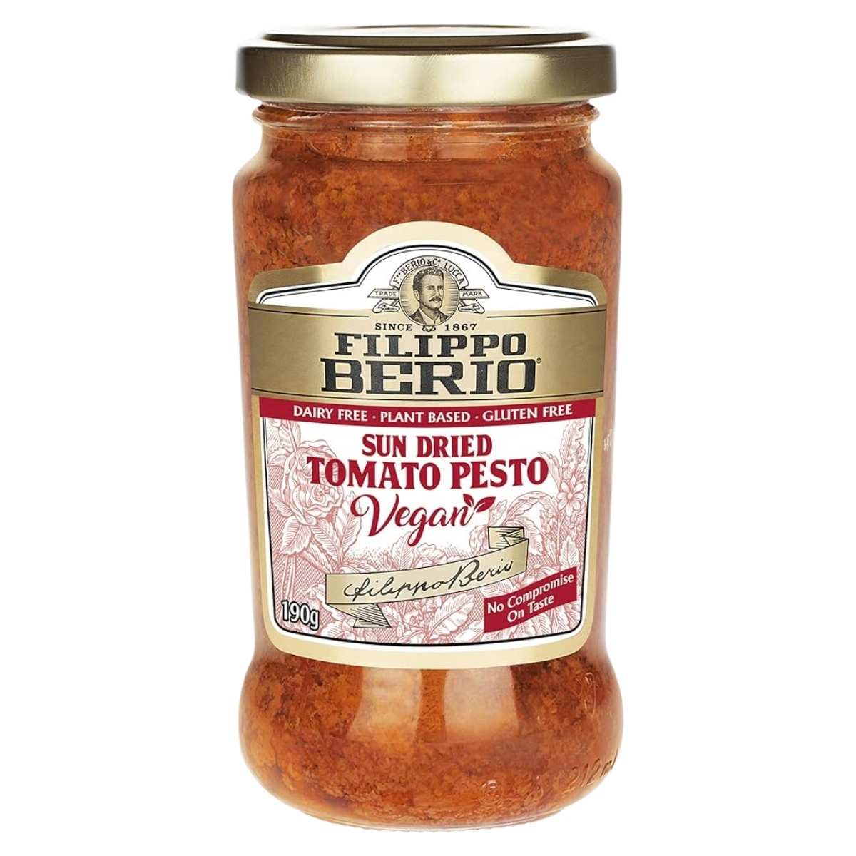 Filippo Berio Vegan Sun Dried Tomato Pesto (190g) is a dairy-free, plant-based Italian-style sauce in a gold-lidded jar—ideal for adding bold sun dried tomato flavor to your favorite dishes.