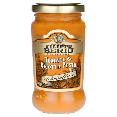 A 190g jar of Filippo Berio Tomato & Ricotta Pesto features a gold lid and orange label, highlighting this rich and flavorful sauce.