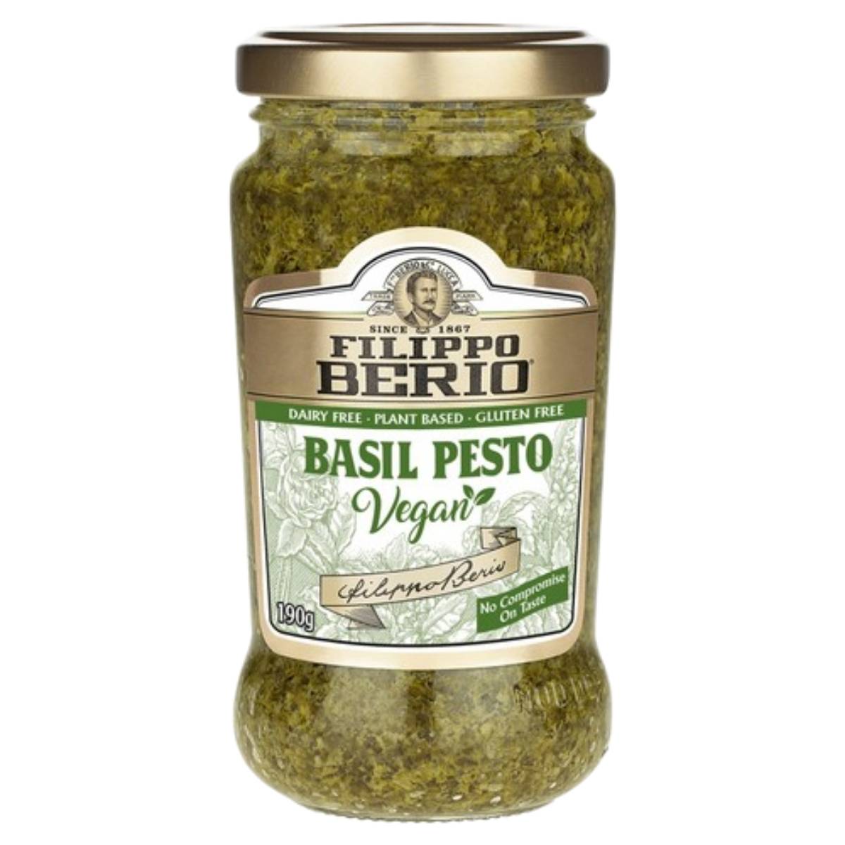 Jar of Filippo Berio Basil Pesto on a white background