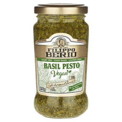 Jar of Filippo Berio Basil Pesto on a white background