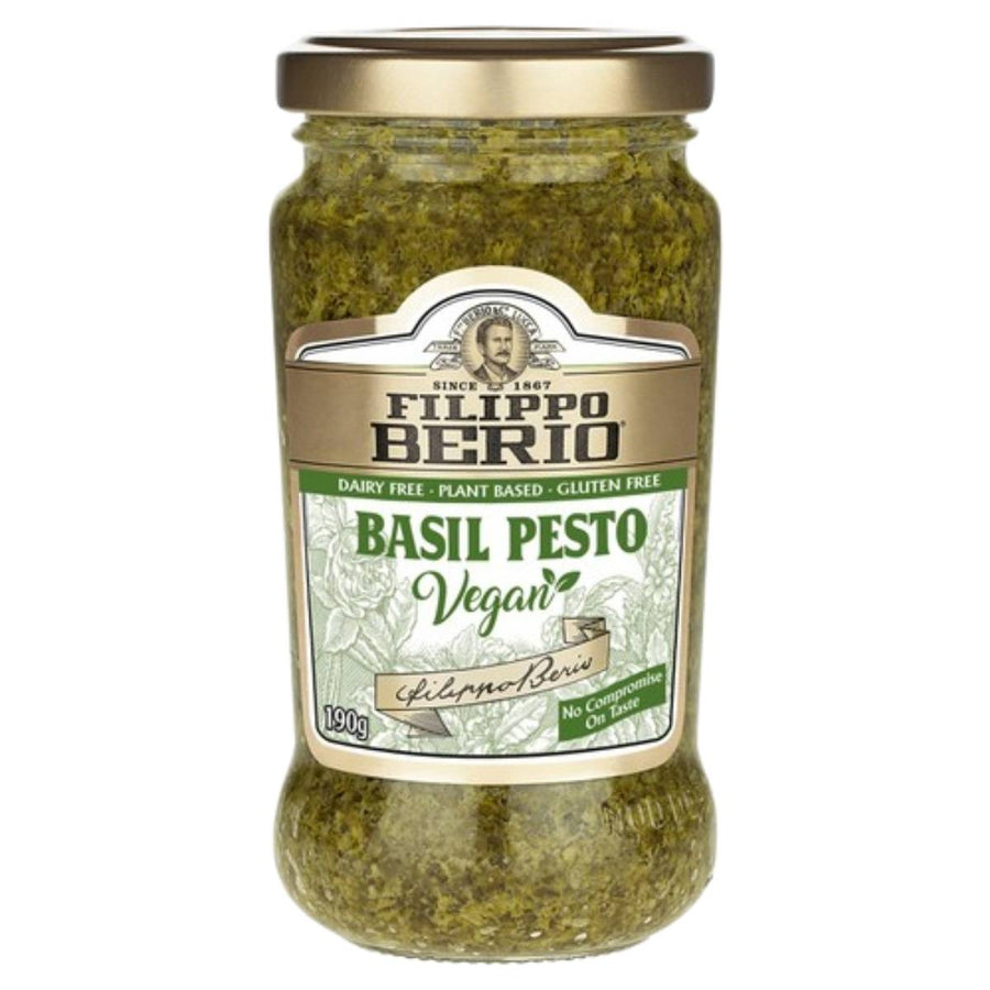Jar of Filippo Berio Basil Pesto on a white background