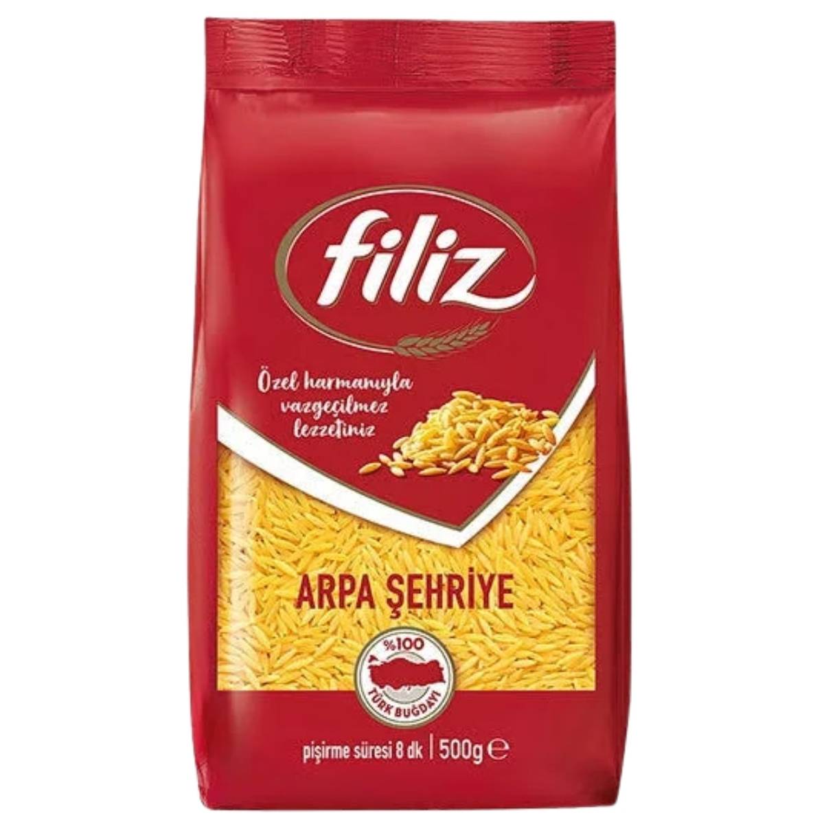 Red package of Filiz Arpa Sehriye with yellow pasta image on a white background
