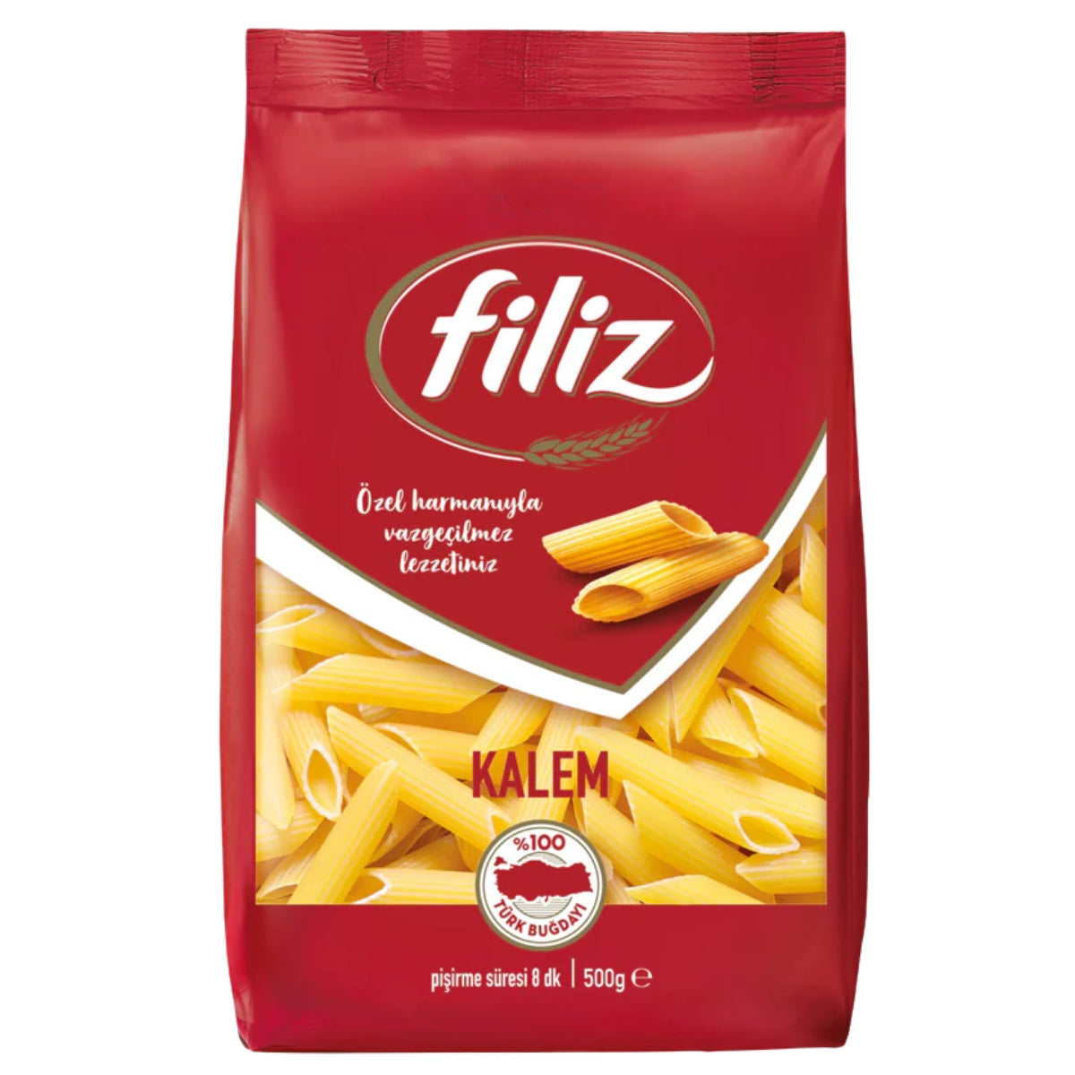 A 500g package of Filiz Kalem penne pasta on a plain white background. The packaging is primarily red with a clear window showing the yellow penne pasta inside, and the Filiz brand logo is prominently displayed at the top.