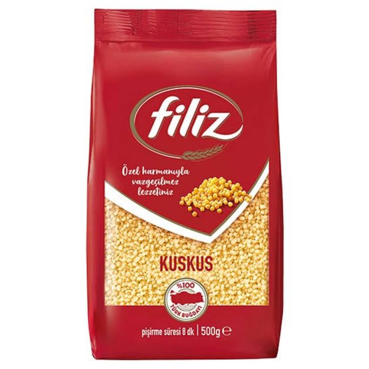 A 500g red pack of Filiz Kuskus (Wheat Semolina Pasta) features a transparent window showing the grains and Turkish text on the front. Brand: Filiz.
