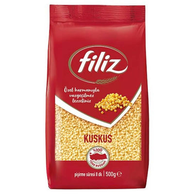 A 500g red pack of Filiz Kuskus (Wheat Semolina Pasta) features a transparent window showing the grains and Turkish text on the front. Brand: Filiz.