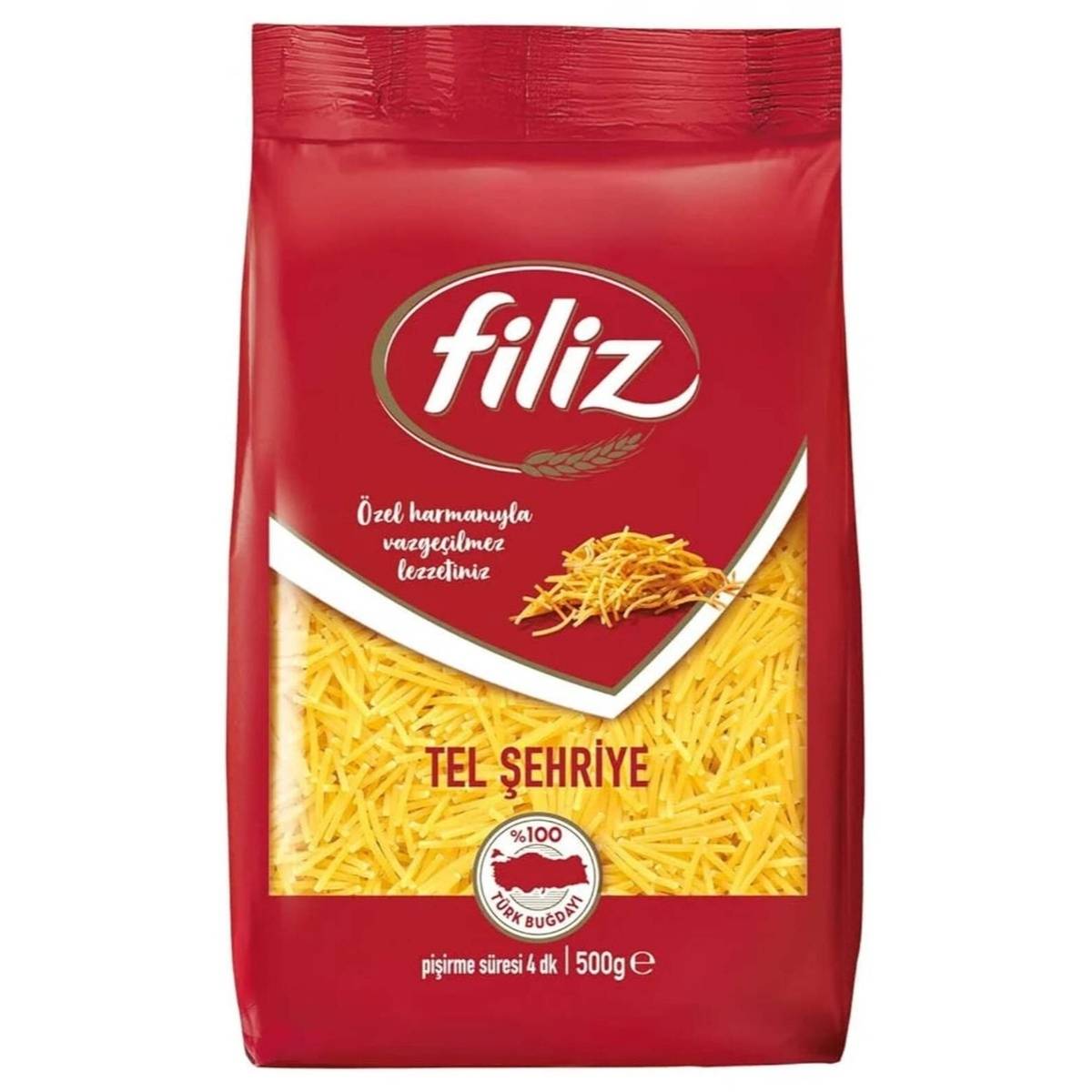 Red package of filiz Tel Sehriye with yellow pasta inside on a white background