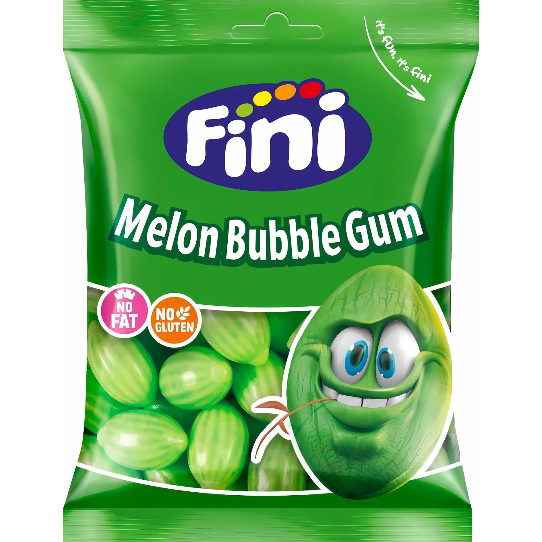 A green 75g bag of Fini - Melon Bubble Gum featuring images of melon-shaped gum pieces and a smiling cartoon melon on the front, with "No Fat" and "No Gluten" labels.