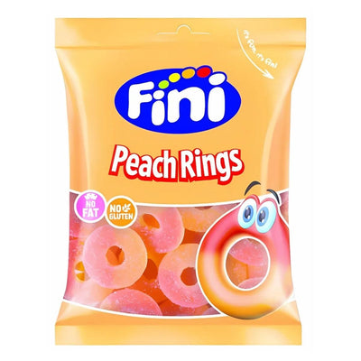 Fini - Peach Rings - 75g by Fini are chewy, peach-flavoured gummy rings with no fat and no gluten. The playful packaging features a cartoon ring illustration.