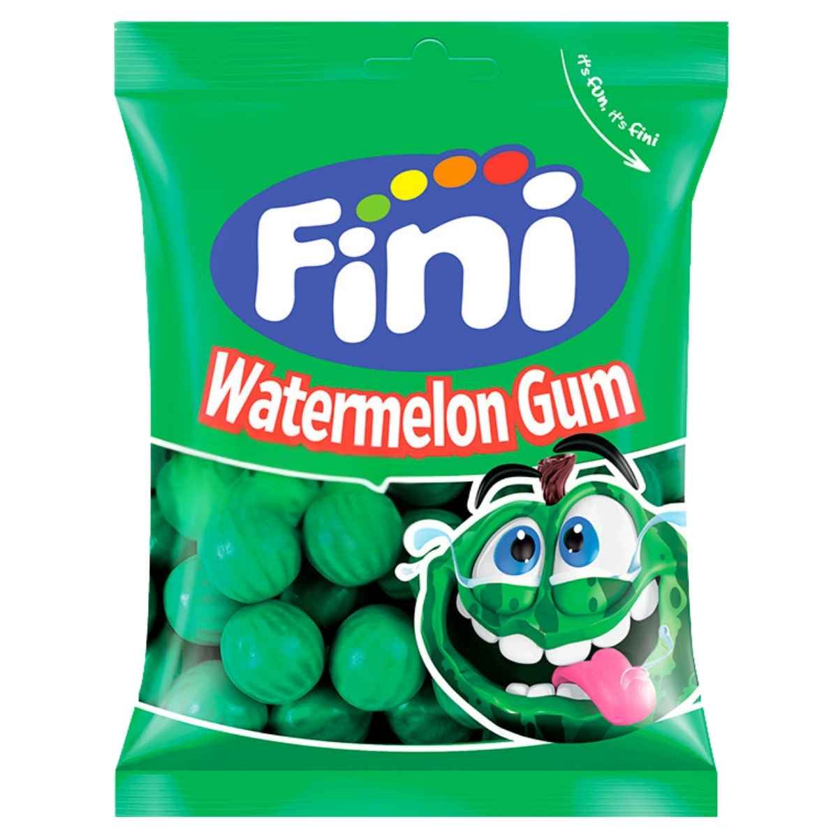A green bag of Fini - Watermelon Bubble Gum (Halal) - 75g by Fini, featuring a cartoon watermelon and displaying green melon-flavored gum candies, perfect for bubble gum fans.