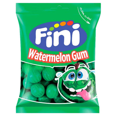 A green bag of Fini - Watermelon Bubble Gum (Halal) - 75g by Fini, featuring a cartoon watermelon and displaying green melon-flavored gum candies, perfect for bubble gum fans.