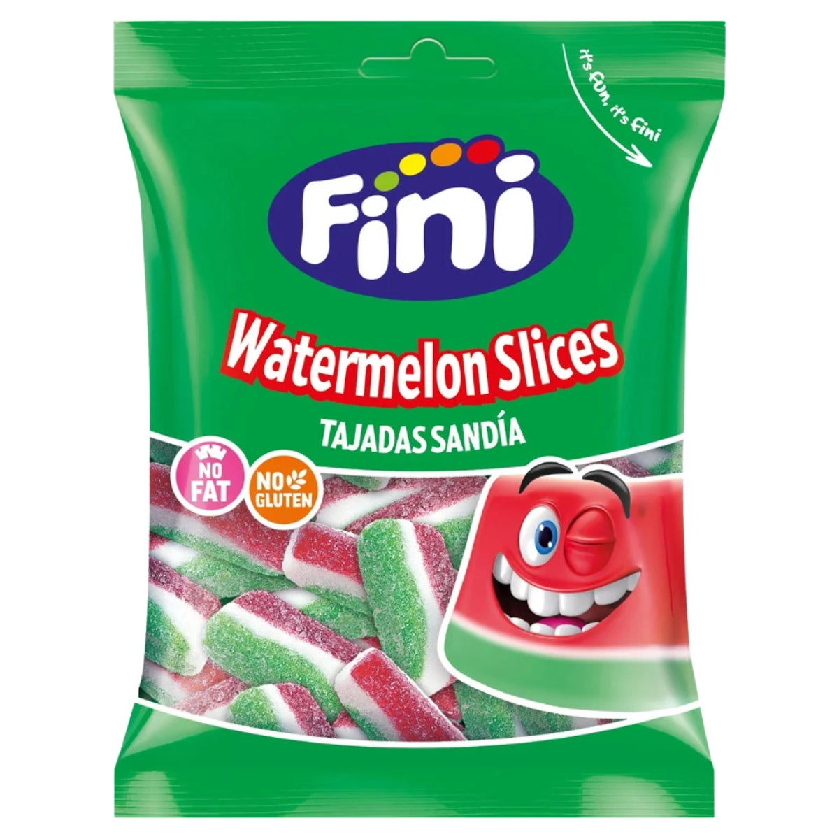 A green bag of Fini Watermelon Slices (Tajadas Sandía) gummy candies, featuring the brand logo, product name, and a cartoon watermelon character on the front.