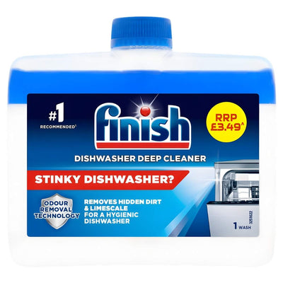 Finish - Dishwasher Deep Cleaner 250ml by Finish removes hidden dirt and limescale for a hygienic dishwasher; blue and white packaging, features "Stinky Dishwasher?" on pack; priced at £3.49.