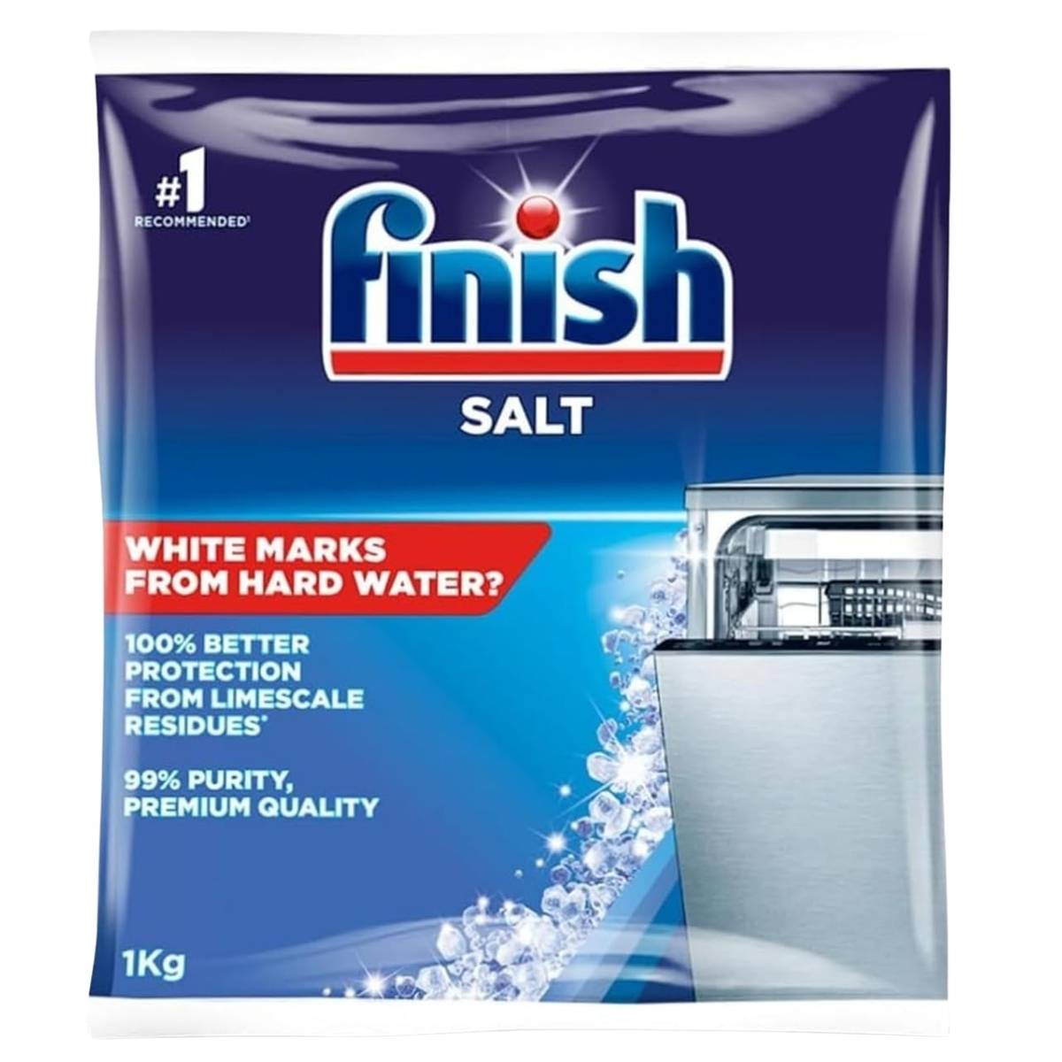 A 1kg pack of Finish Dishwasher Salt, offering 99% purity and enhanced limescale protection, with dishwasher imagery on the packaging.