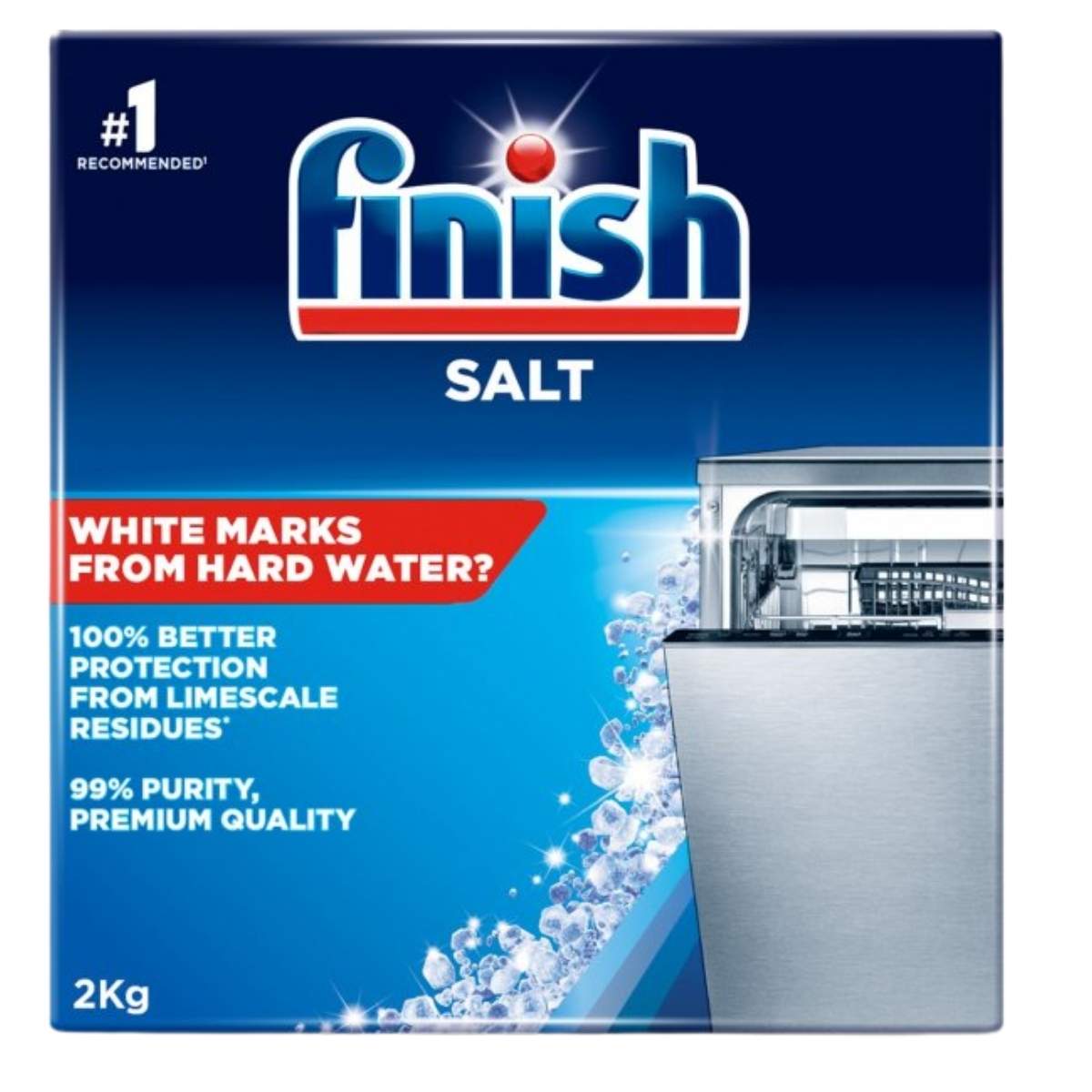 Finish salt packaging for dishwasher with blue background and product image.