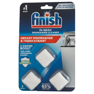 Finish - In Wash Dishwasher Cleaner Pouch - 3 Pack by Finish contains three tablets for powerful dishwasher maintenance, limescale removal, and a cleaning boost—no separate cycle needed.