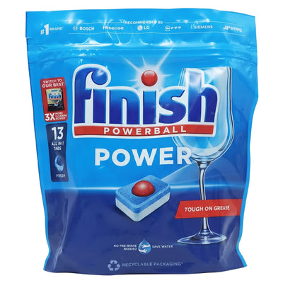 Blue plastic pouch of Finish - Power Ball Dishwasher Tablets - 13 Tablets with a depiction of a single blue tablet with a red center and a wine glass.