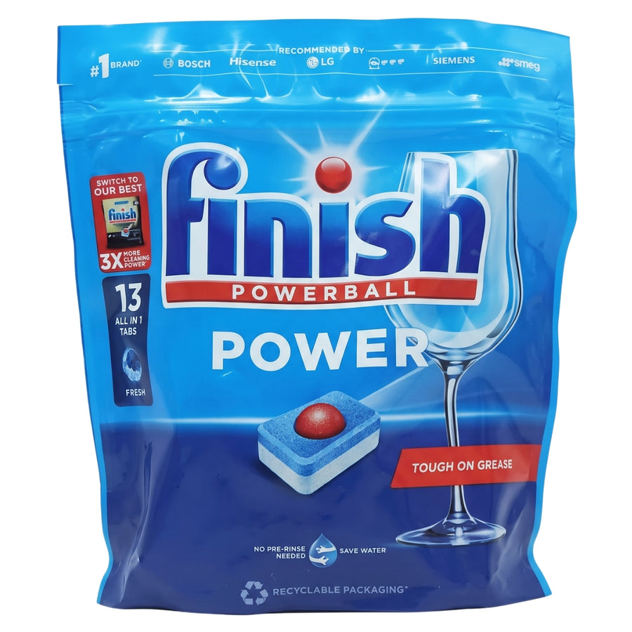 Blue plastic pouch of Finish - Power Ball Dishwasher Tablets - 13 Tablets with a depiction of a single blue tablet with a red center and a wine glass.