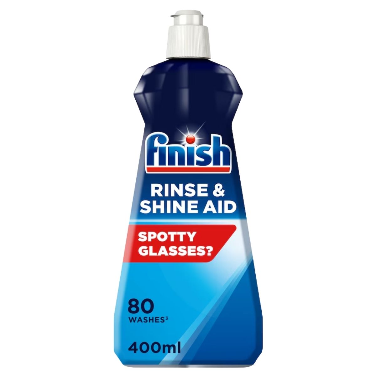 A 400ml bottle of Finish Rinse & Shine Aid (80 Washes) dishwasher liquid by Finish, featuring a blue design and “Spotty Glasses?” text on the front.