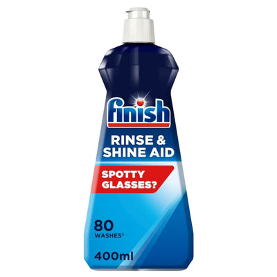 A 400ml bottle of Finish Rinse & Shine Aid (80 Washes) dishwasher liquid by Finish, featuring a blue design and “Spotty Glasses?” text on the front.