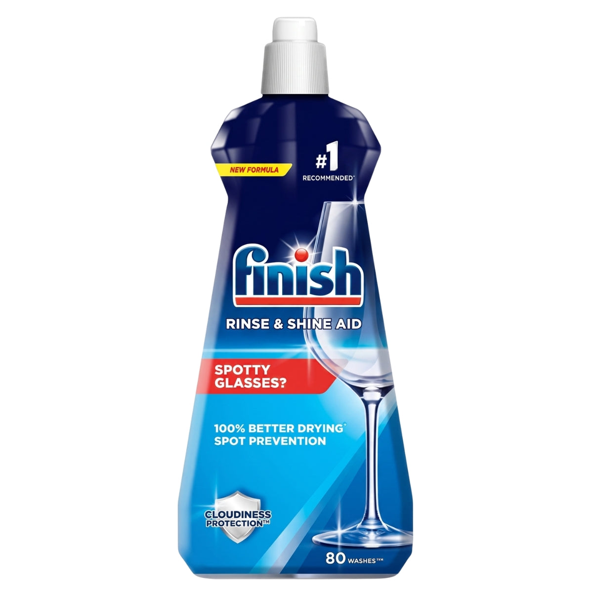 A 400ml bottle of Finish - Rinse & Shine Aid, featuring a wine glass on the label and providing up to 80 washes. This effective dishwasher rinse aid from Finish helps prevent water spots for sparkling clean dishes every time.