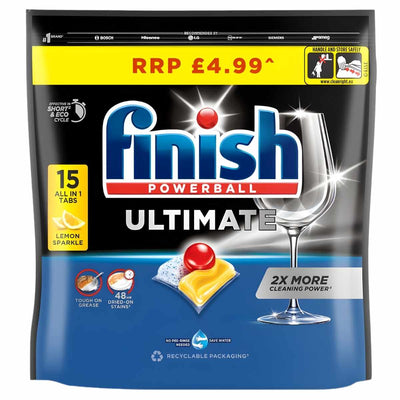 Finish - Ultimate Lemon Sparkle Dishwasher Tablets (15 tabs) by Finish feature powerful cleaning, a shining glass icon, pricing info, and recyclable packaging for an eco-friendly clean.