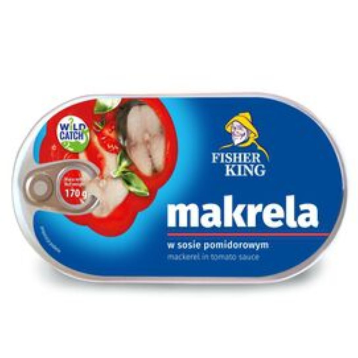 A tin of Fisher King - Mackerel Fillet in Tomato Sauce - 170g on a white background.