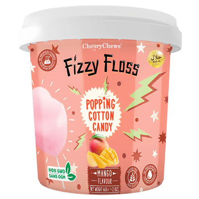 Fizzy Floss - Mango Flavour Popping Cotton Candy (Halal) 60g tub, with bright graphics and product details on a vibrant pink background.