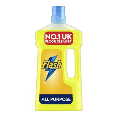 A 1L yellow bottle of Flash All Purpose Cleaner Fresh Lemon Scent features a blue cap and "No.1 UK Floor Cleaner" label, delivering powerful cleaning with a fresh lemon fragrance.