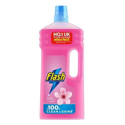 A 950ml pink bottle of Flash Multipurpose Floor Liquid Cleaner, Cherry Blossom scent, with Febreze technology, blue cap, and a label stating “No.1 UK floor cleaner” and “100% clean & shine.”.