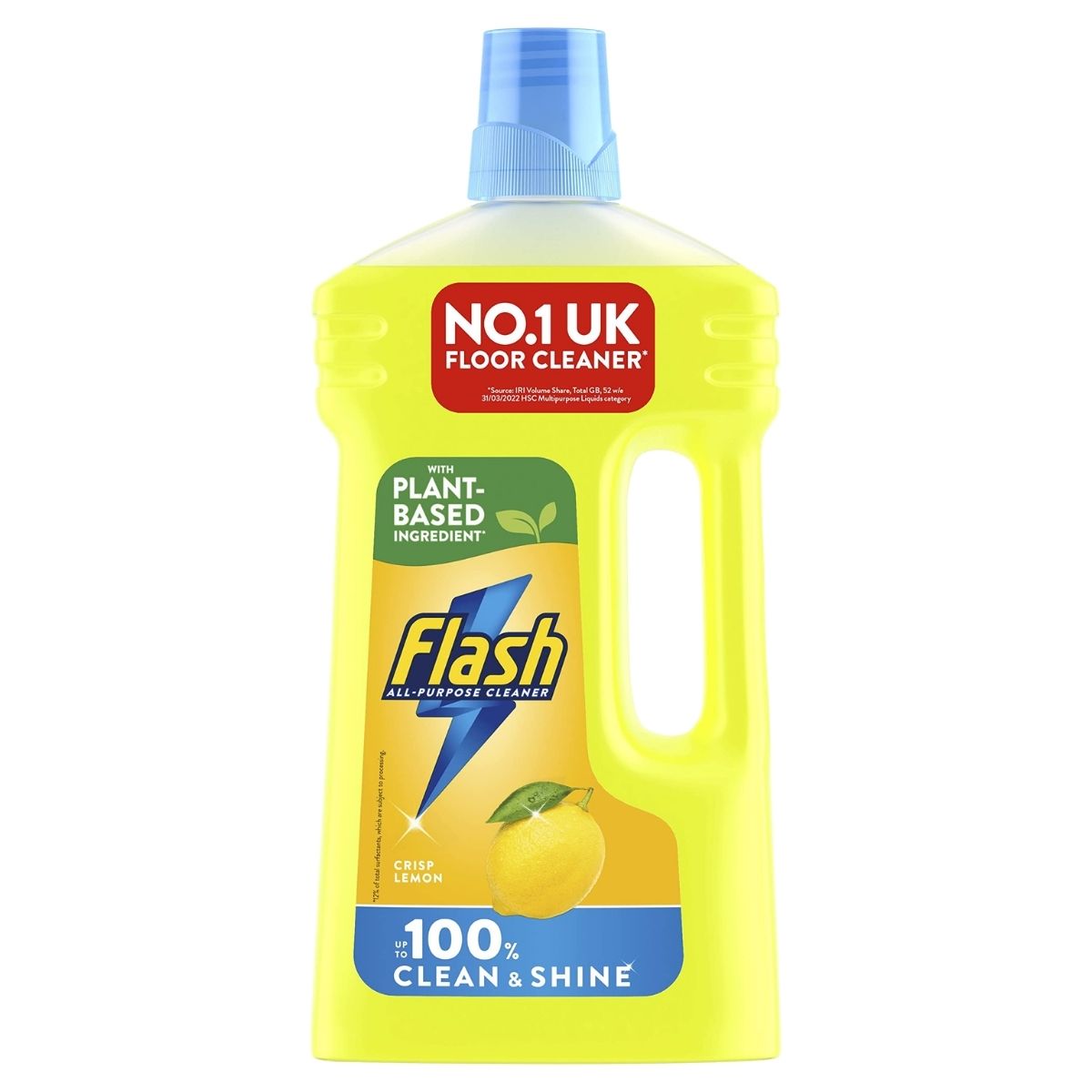 A 950ml bottle of Flash Multipurpose Floor Liquid Cleaner in Crisp Lemon, labeled "No.1 UK Floor Cleaner" and "Plant-Based Ingredient," features a lemon image and a blue cap.