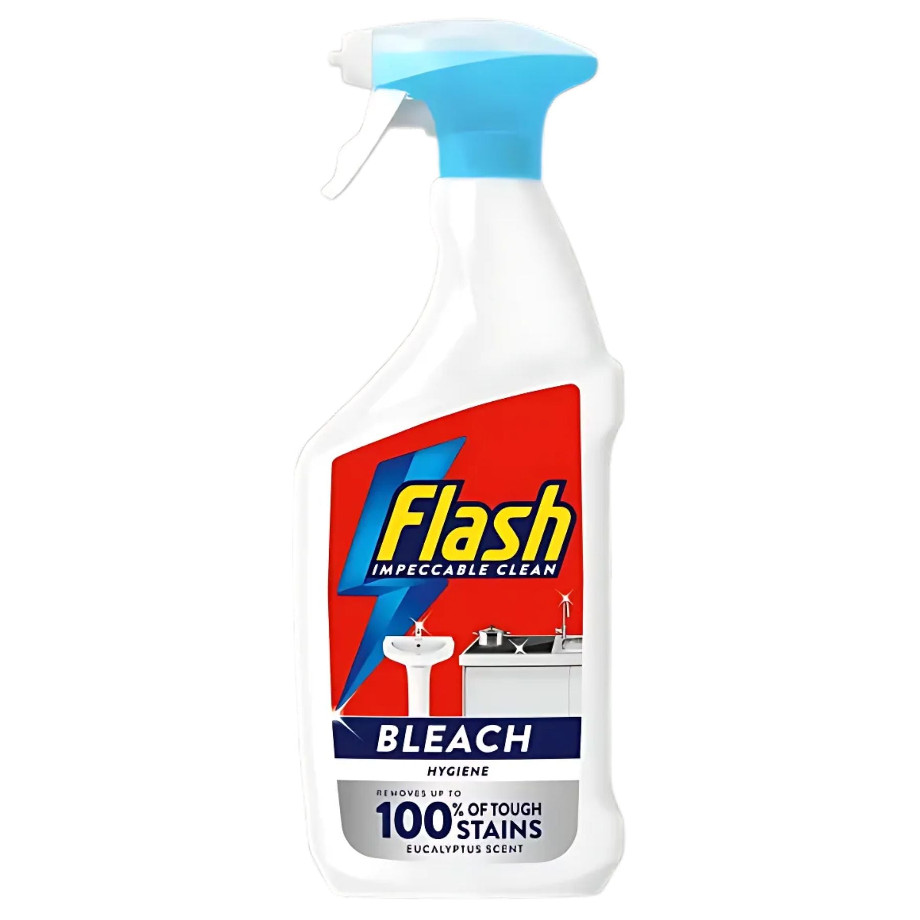 A 500ml white spray bottle of Flash - Spray Plus Bleach with a blue nozzle and red label, removes 100% of tough stains and leaves an eucalyptus scent. Perfect for deep cleaning.