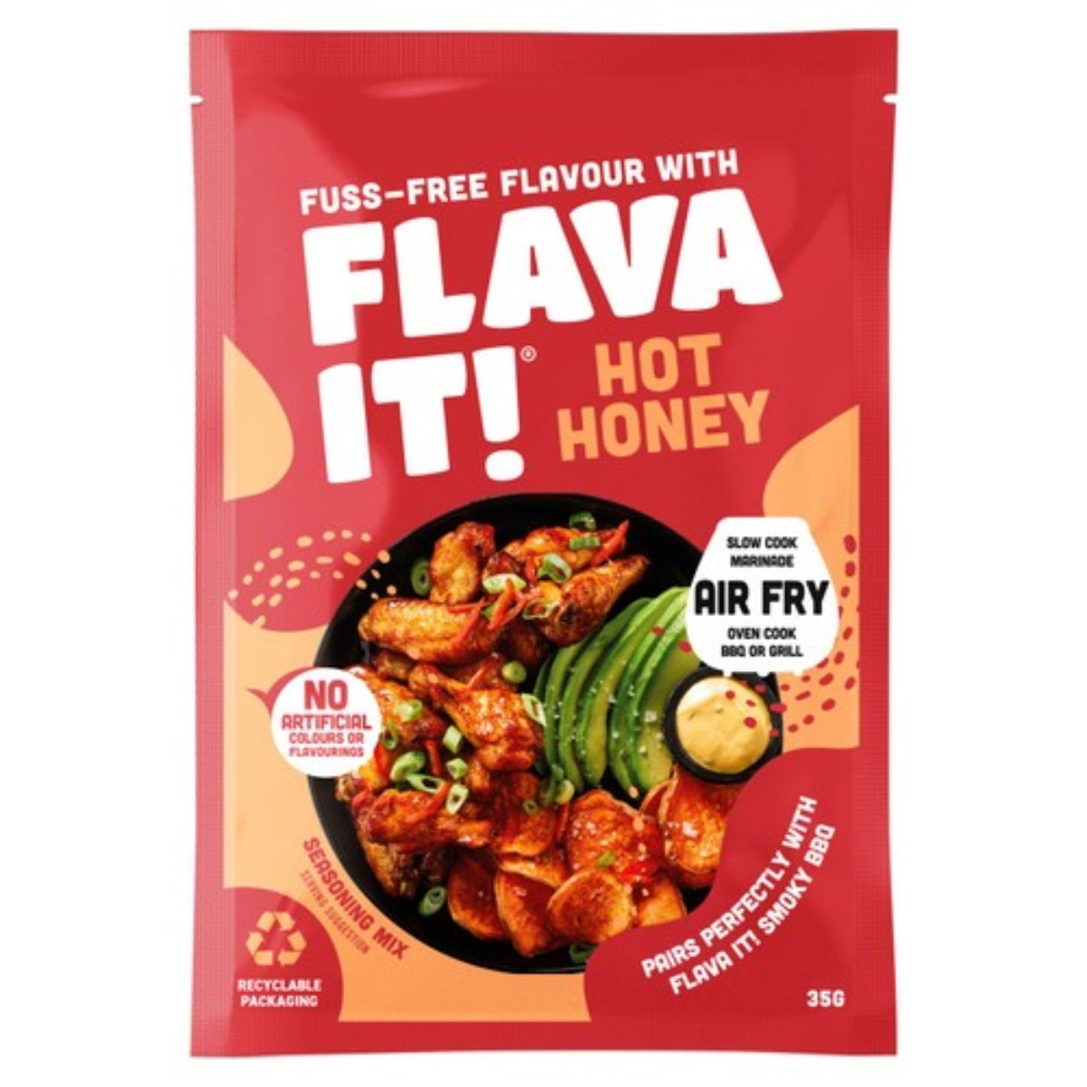 A red packet of Flava It! - Hot Honey Seasoning Mix (35g) from Flava It!, featuring an image of seasoned chicken wings with avocado and spring onions, and highlighting air fry and slow cook instructions.