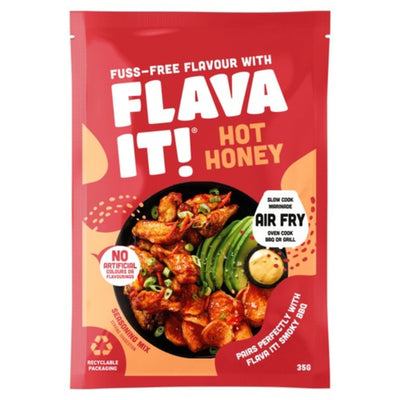 A red packet of Flava It! - Hot Honey Seasoning Mix (35g) from Flava It!, featuring an image of seasoned chicken wings with avocado and spring onions, and highlighting air fry and slow cook instructions.