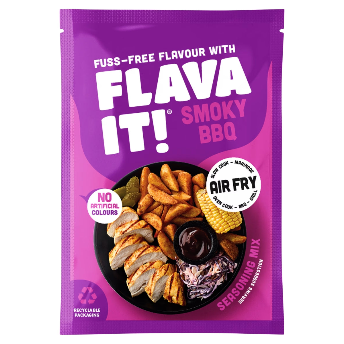 Purple packaging of Flava It! Smoky BBQ seasoning mix with images of food on a white background