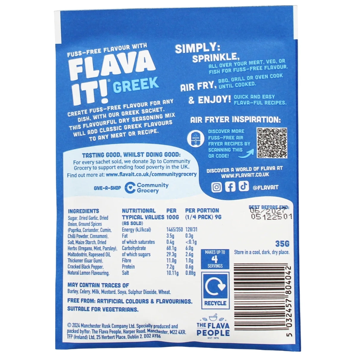The reverse side of the Flava It! - Greek Seasoning Mix - 35g packet from Flava It! displays its ingredients—including ground spices, natural lemon flavouring, and dried garlic—alongside nutritional information, instructions for use, air fryer tips, a QR code, and recycling details, all presented on a blue and white background.