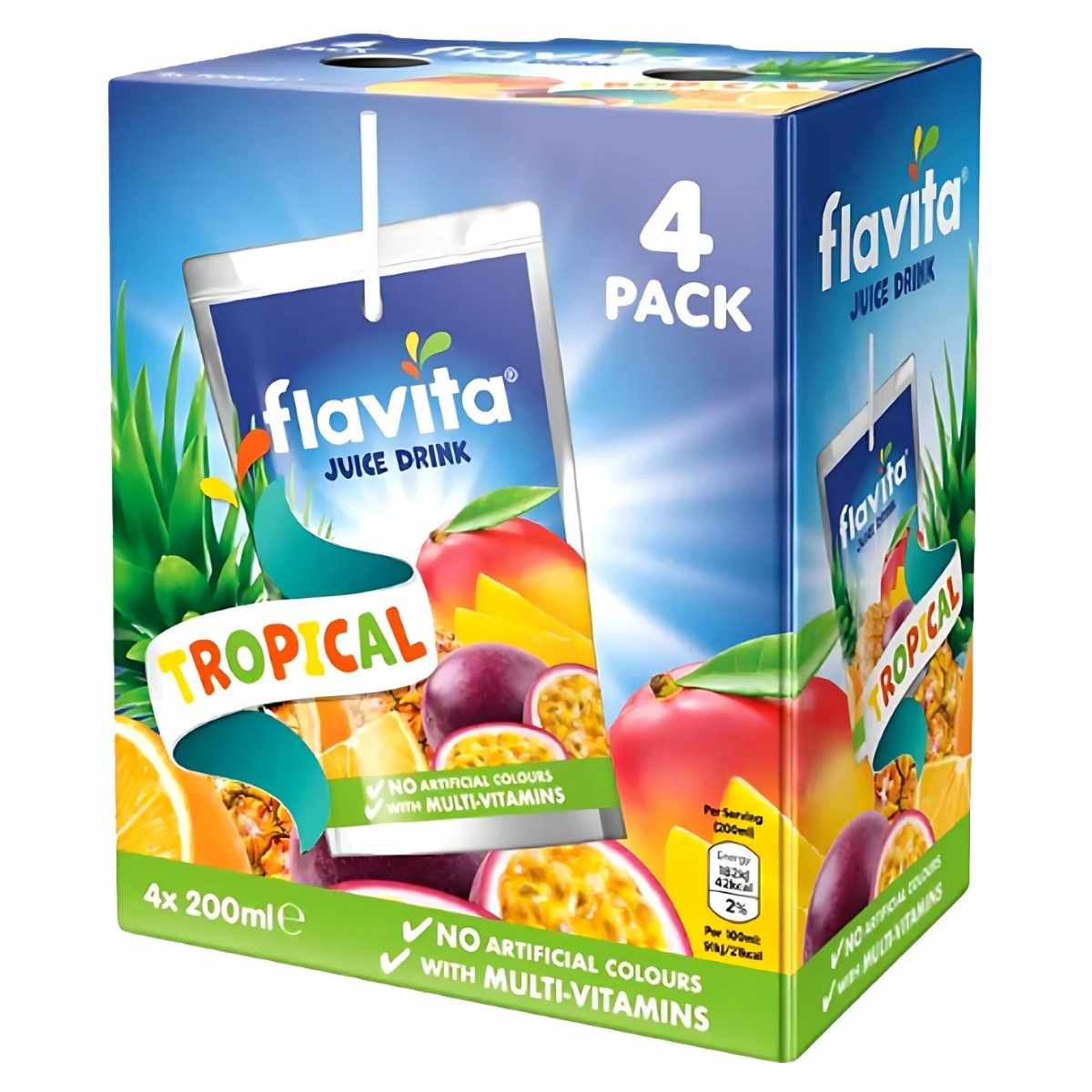 Savor the invigorating essence of the tropics with Flavita - Tropical Juice - 4 x 200ml. This pack offers an explosion of rich tropical flavors, highlighting "No Artificial Colours" and enhanced "With Multi-vitamins." The packaging boasts vivid fruit imagery, ensuring a deliciously healthy experience.