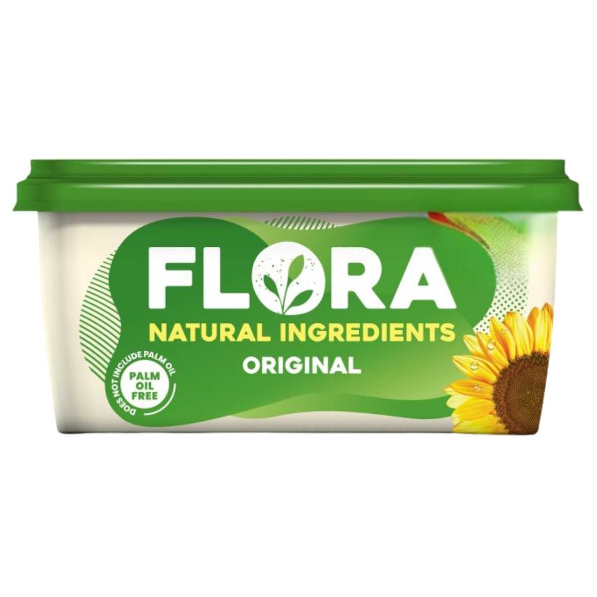 Flora margarine tub with green lid and sunflower design on a white background