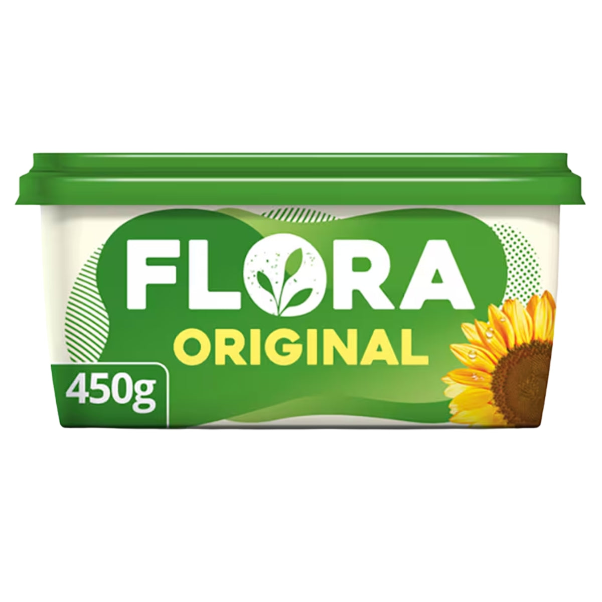 A 450g tub of Flora Original Spread by Flora, a dairy-free plant-based spread with a green lid, green and yellow label, and sunflower image on the bottom right.