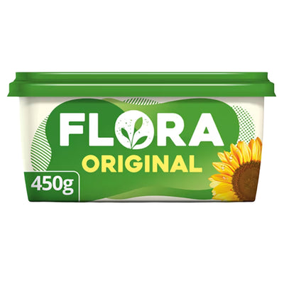 A 450g tub of Flora Original Spread by Flora, a dairy-free plant-based spread with a green lid, green and yellow label, and sunflower image on the bottom right.