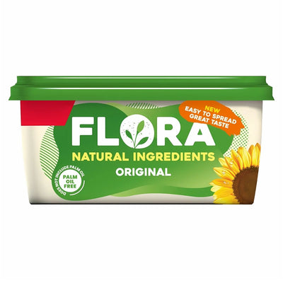 A 450g tub of Flora Original Spread with natural ingredients, featuring a sunflower image and labels "palm oil free," "plant-based alternative," and "easy to spread great taste.
