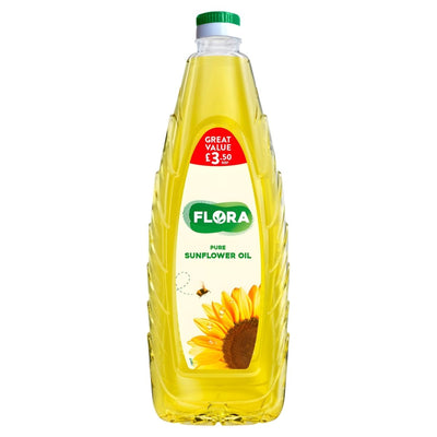 A 1L bottle of Flora Pure Sunflower Oil, rich in vitamin E for healthy cooking, featuring a sunflower image on the label and a red "Great Value £3.50" sticker at the top.