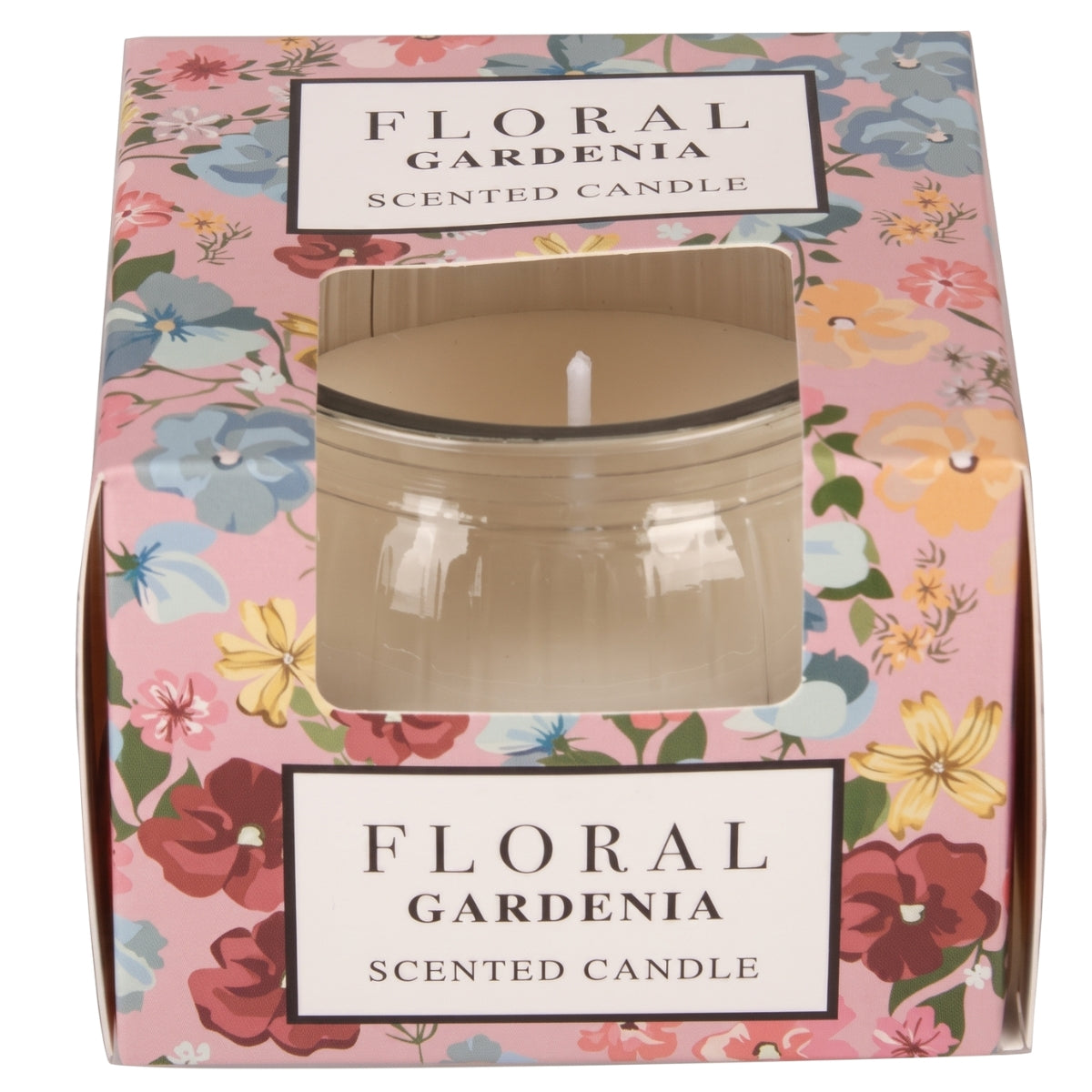 The Floral - Gardenia Scented Candle - 85g comes in a floral-patterned box with a cut-out window showing the jar and lid—a charming home accent.