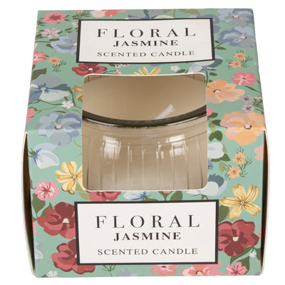 Floral - Jasmine Scented Candle - 85g by Floral, with linalyl acetate in a glass jar, in a pastel floral box featuring see-through windows on top and front.