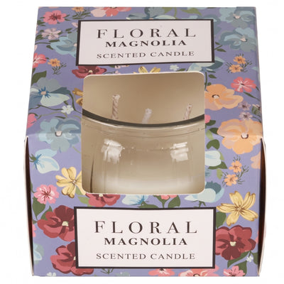 Floral - Magnolia Scented Candle - 85g, triple-wick, in a purple box with colorful flower art and clear front window.