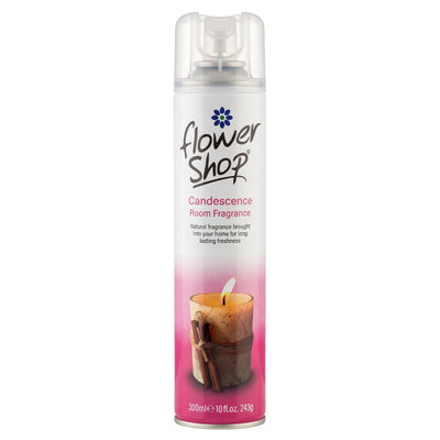 The Flower Shop - Candescence Room Fragrance - 300ml comes in a tall aerosol can with a label showing a lit candle and cinnamon sticks.