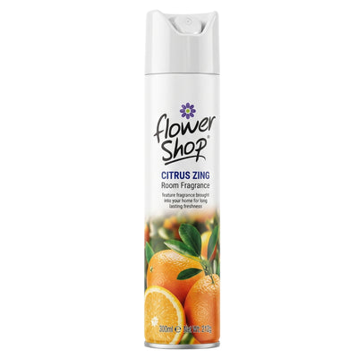 A 300ml can of Flower Shop - Citrus Zing Room Fragrance with aliphatic hydrocarbons, label shows oranges and green leaves.