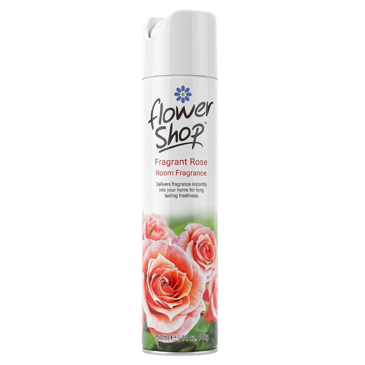 A tall can of Flower Shop - Fragrant Rose Room Fragrance - 300ml, featuring pink rose images on the label.
