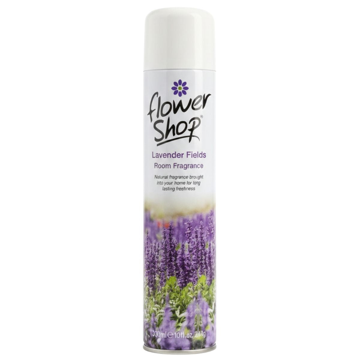A 300ml Flowershop - Lavender Fields Room Fragrance spray with lavender flowers on the label and a white cap. Ideal as a home air freshener to add a calming lavender scent to any room.