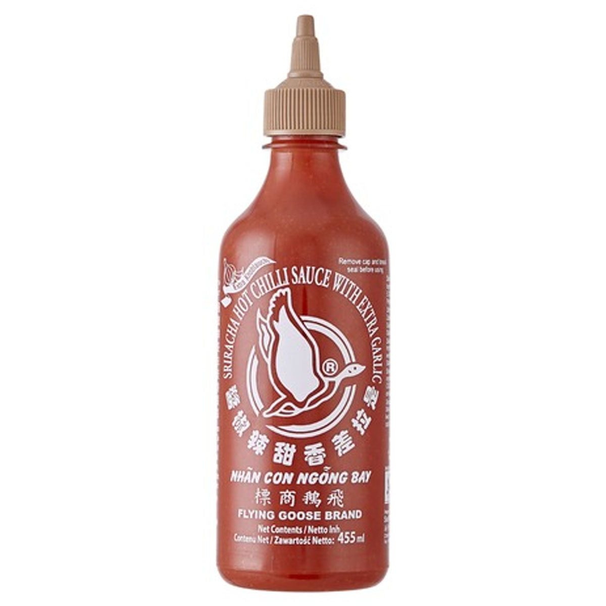 A bottle of Flying Goose - Sriracha Hot Chilli Sauce - 455ml on a white background.